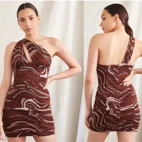 🛍️ BLANC Brown Marble Print One-Shoulder Ruched Mesh Mini Dress - Size S - Picture 3 of 10